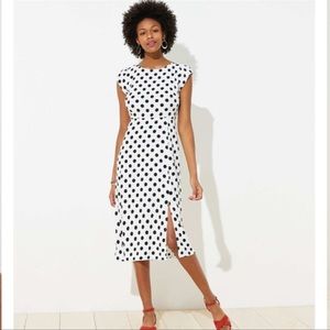 LOFT Black and White Polka Dot Cap Sleeve Column Midi Dress with Side Slit